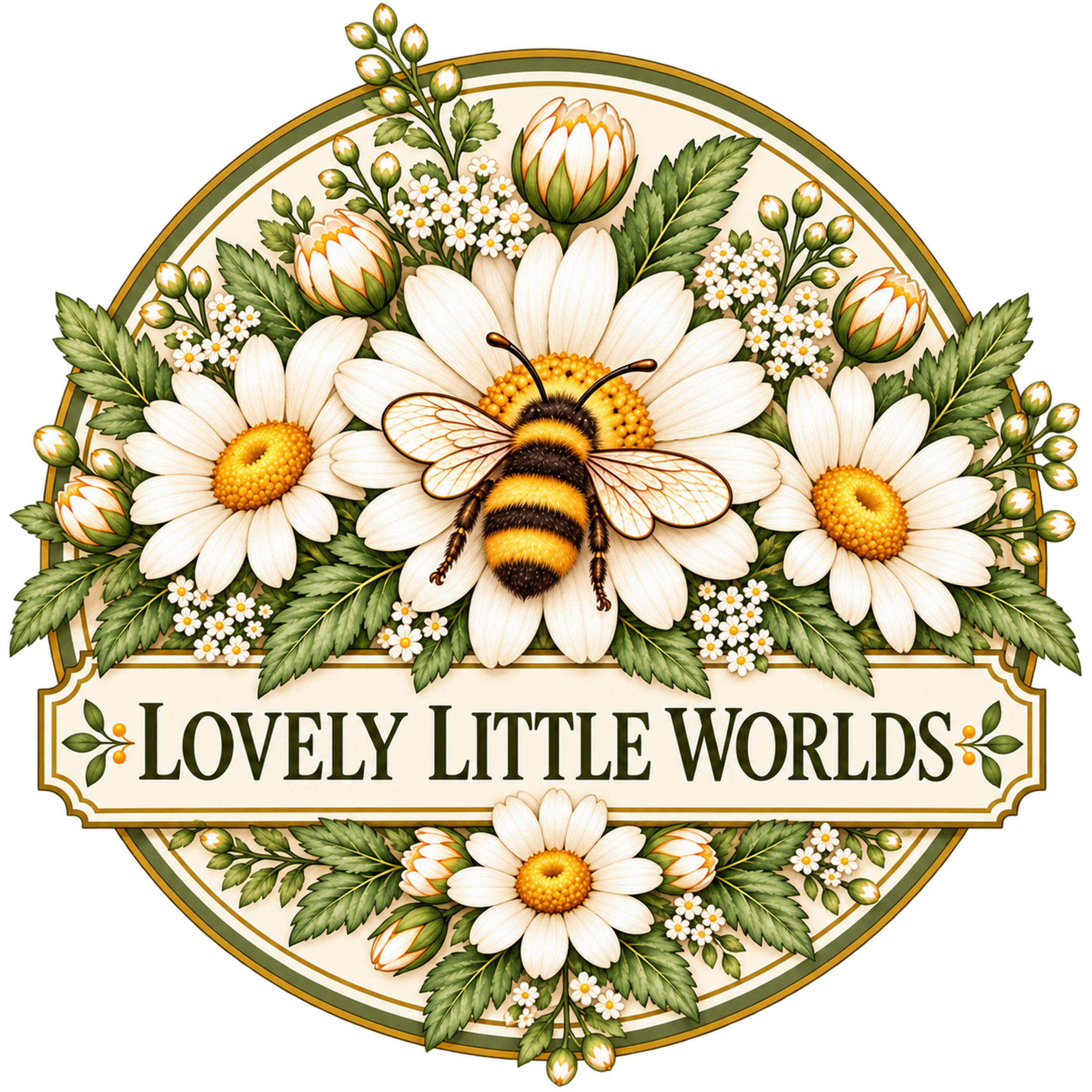 Lovely Little Worlds round floral logo featuring ivory daisies, sage greenery, delicate flower buds, and a golden bumblebee above an elegant cream plaque with olive-green lettering and gold accents.